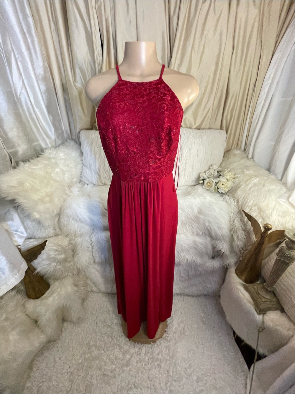 Night Way Collections Red Lace Halter Maxi Dress Size 10